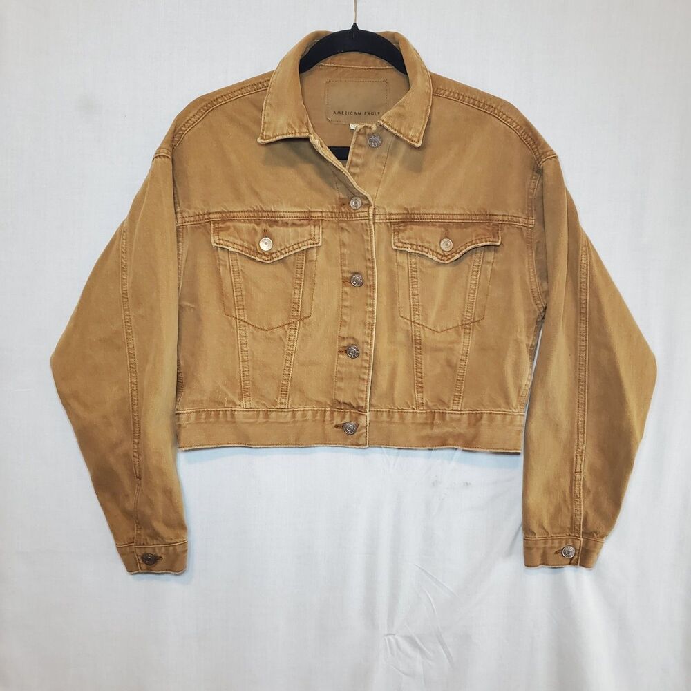 American Eagle Tan Denim Jacket Cropped Sz S Classic Cowgirl Western Boho